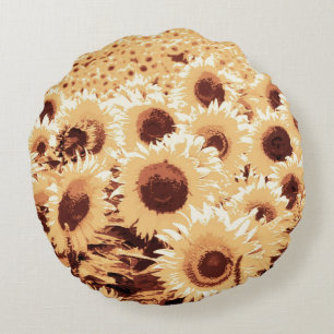 Field of Sunflowers - sepia tone, camel & brown Round Cushion