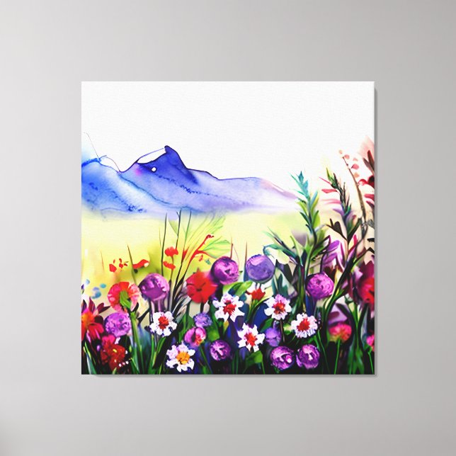 Field of Wildflowers at the foot of a Mountain Canvas Print (Front)