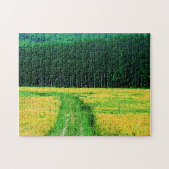 Field Of Yellow Flowers Pine Trees Nature Painting Jigsaw Puzzle (Horizontal)