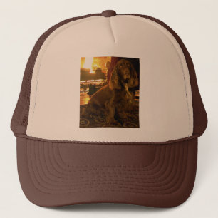 Field spaniel by fireplace trucker hat