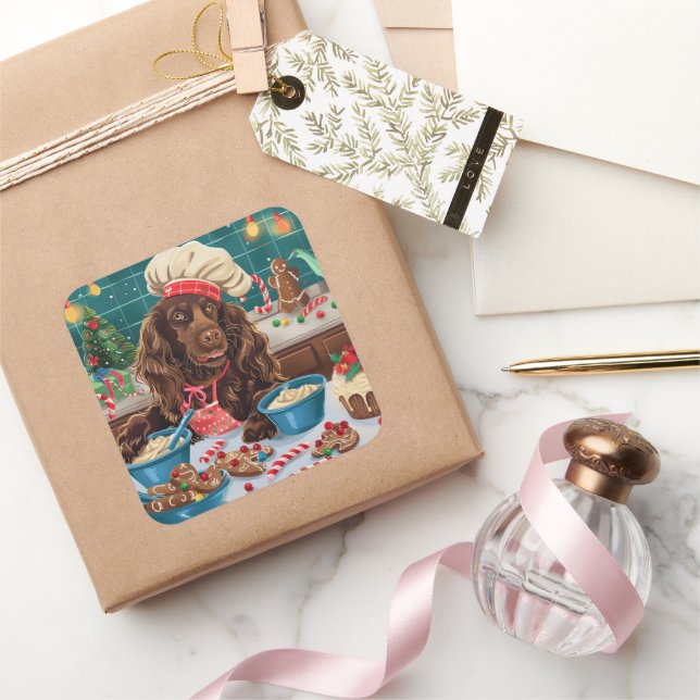 Field Spaniel Holiday Baking: Festive Christmas Square Sticker (Gifting)