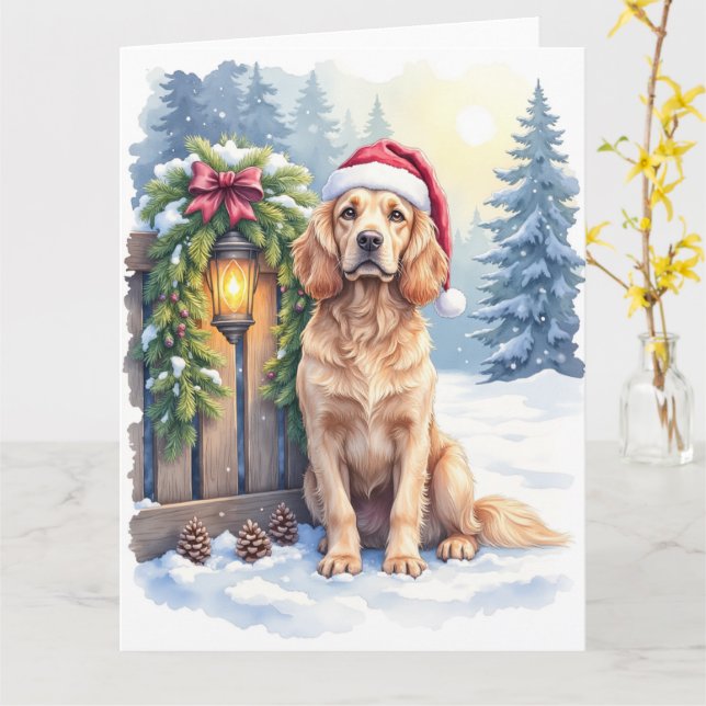 Field Spaniel Snowy Fence Santa Hat Christmas Art Card (Yellow Flower)