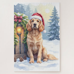 Field Spaniel Snowy Fence Santa Hat Christmas Art Jigsaw Puzzle