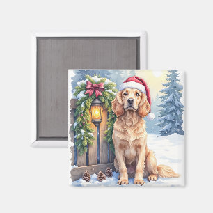 Field Spaniel Snowy Fence Santa Hat Christmas Art Magnet