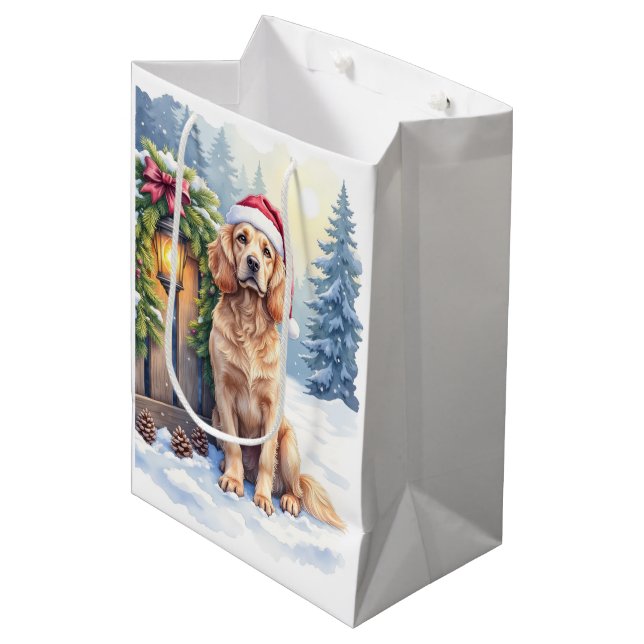 Field Spaniel Snowy Fence Santa Hat Christmas Art Medium Gift Bag (Front Angled)