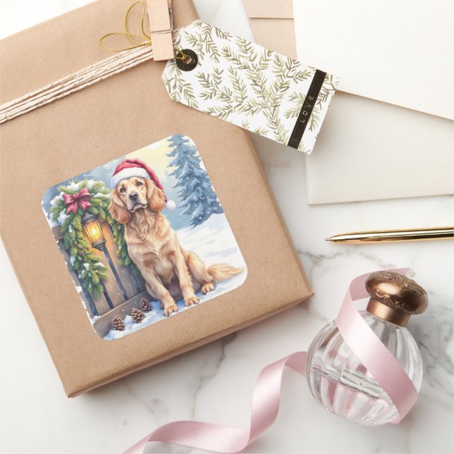 Field Spaniel Snowy Fence Santa Hat Christmas Art Square Sticker (Gifting)