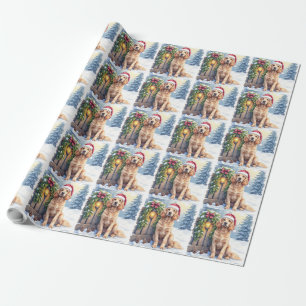 Field Spaniel Snowy Fence Santa Hat Christmas Art Wrapping Paper