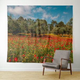 field with flowers and trees tapestry