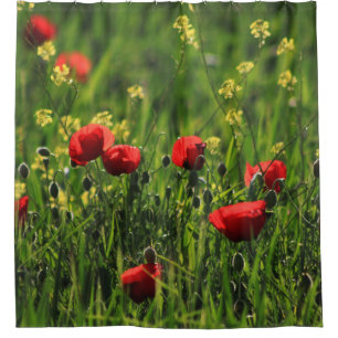 Field with green grass, yellow & red wild flowers shower curtain