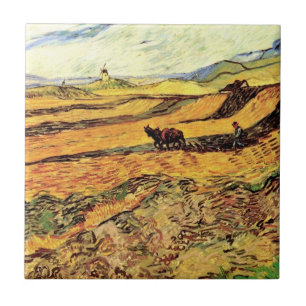 Field with Ploughman and Mill by Vincent van Gogh Tile