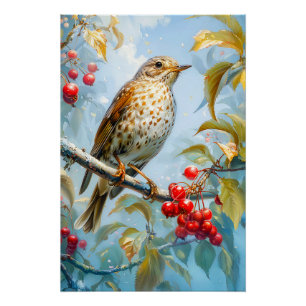 Fieldfare in Winter Landscape, Impressionist Art Poster