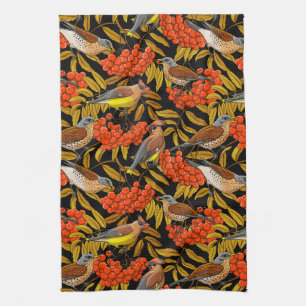 Fieldfares and waxwings on rowan bunches tea towel