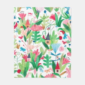 Fields of flowers and plants with small houses, bu fleece blanket