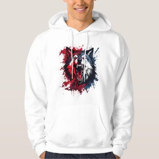 Fierce Alpha Wolf – Red & Blue Splatter Art | Wild Hoodie