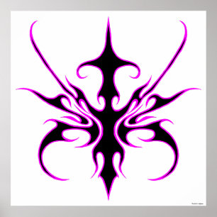 Fierce Black and Pink Tribal Line Art Illustration Poster