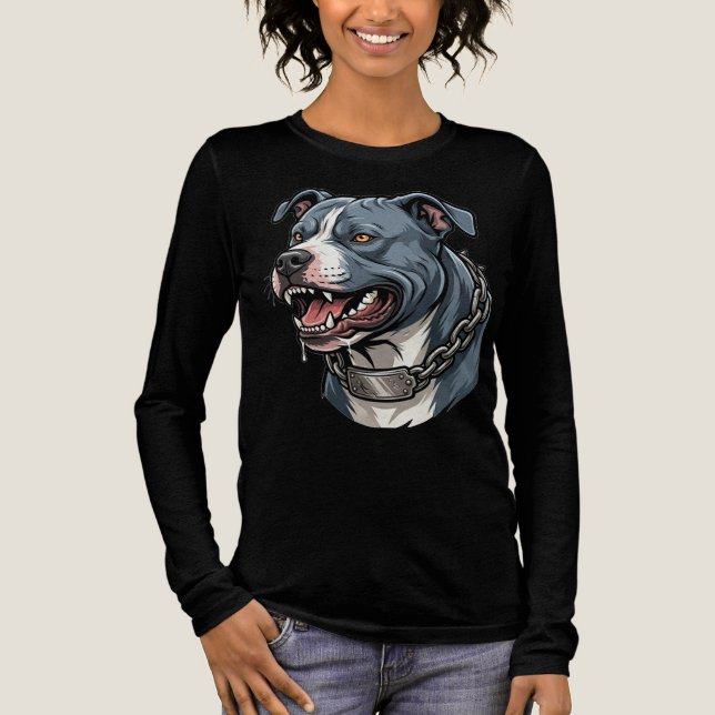 Fierce Blue Grey Pit Bull with Spiked Chain Collar Tri-Blend Shirt (Front)