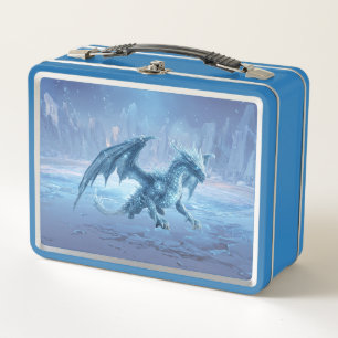 Fierce Blue Ice Dragon in Frozen Tundra Metal Lunch Box