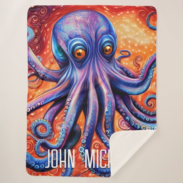 Fierce Blue Watercolor Octopus with Custom Name Sherpa Blanket (Front)