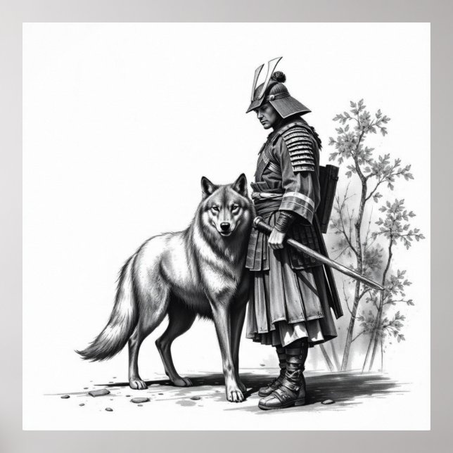 Fierce Bond: Samurai and Wolf Charcoal Art Poster (Front)
