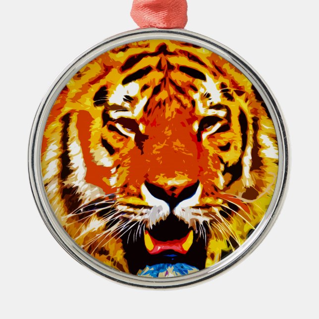 Fierce Bright Orange Siberian Tiger Metal Tree Decoration (Front)