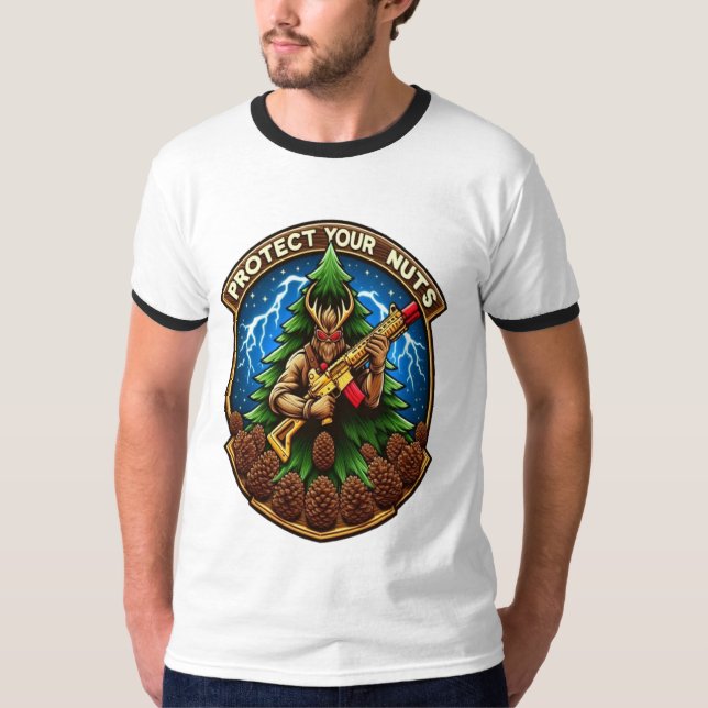Fierce Cartoon Squirrel Defending Pine Cones  T-Shirt (Front)