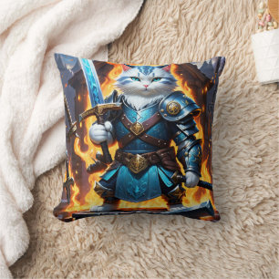 Fierce Cat Warrior in Battle Armour With Sword Cushion