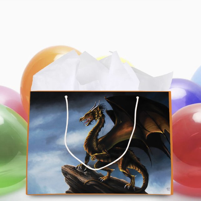 Fierce Copper Gold Black Dragon Fantasy Large Gift Bag (Creator Uploaded)
