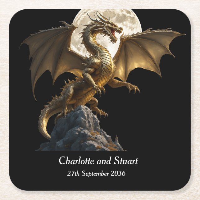 Fierce Dragon Rearing Square Paper Coaster (Front)