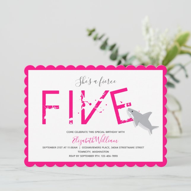 Fierce Five Hot Pink Shark Animal 5th Invitation (Standing Front)