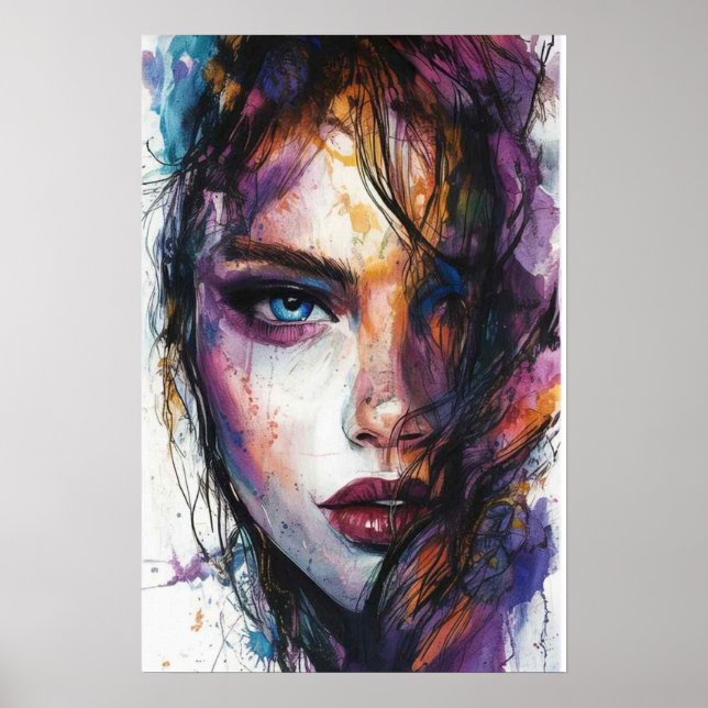 Fierce Gaze – Watercolor Portrait of Strength and  Poster (Front)