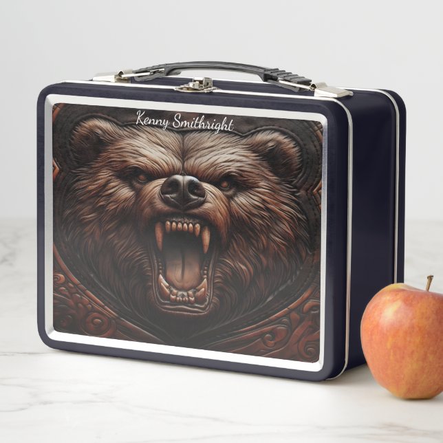 Fierce Grizzly: Leather Carved Power Metal Lunch Box (In Situ)