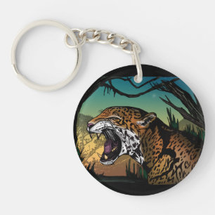 Fierce Growling Jaguar Jungle Art – Bold Teal Key Ring
