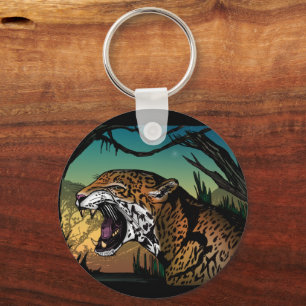 Fierce Growling Jaguar Jungle Art – Bold Tropical Key Ring