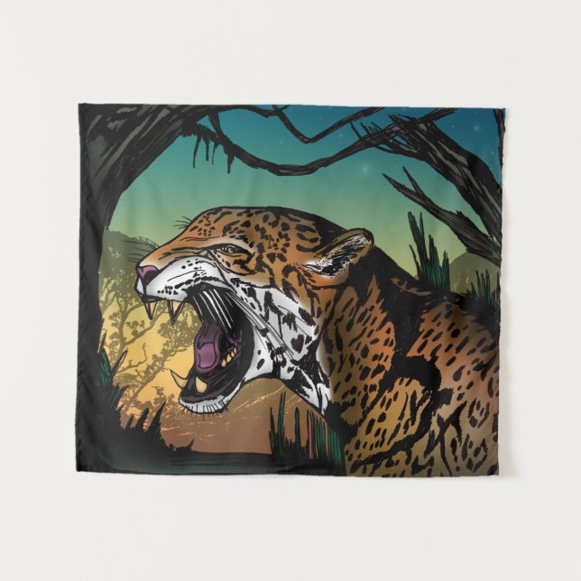 Fierce Growling Jaguar Jungle Tapestry (Front (Horizontal))