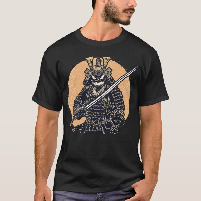 Fierce Halloween Pumpkin Samurai Warrior Design T-Shirt (Front)