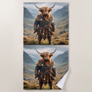 Fierce Highland Warrior: The Courageous Cow Viking Beach Towel