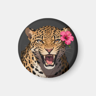 Fierce Leopard Pink Flower Keychain Magnet