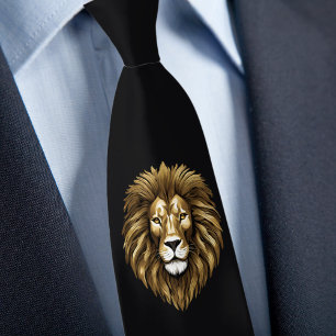 Fierce Lion on Black Necktie
