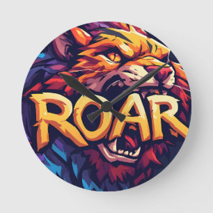 Fierce Lion Roar Motivational Colourful Wildlife A Round Clock