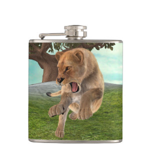 Fierce Lioness Jungle Adventure Art Hip Flask