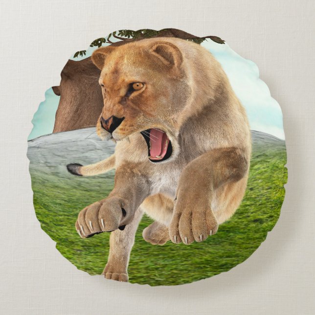Fierce Lioness Jungle Adventure Art Round Cushion (Front)