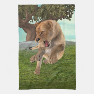 Fierce Lioness Jungle Adventure Art Tea Towel