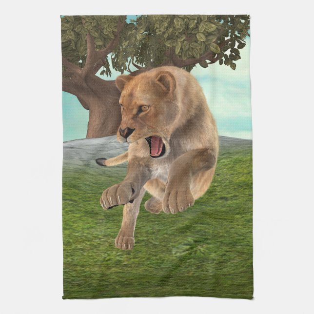 Fierce Lioness Jungle Adventure Art Tea Towel (Vertical)