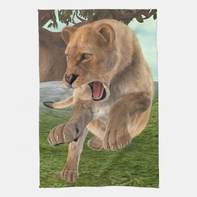 Fierce Lioness Jungle Adventure Art Tea Towel (Vertical)
