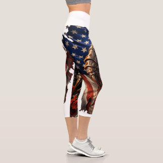 Fierce Monster Tearing American Flag Art Capri Leggings