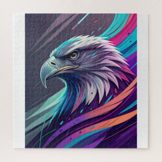 Fierce Neon Eagle — Stylised Head with Geometric Jigsaw Puzzle