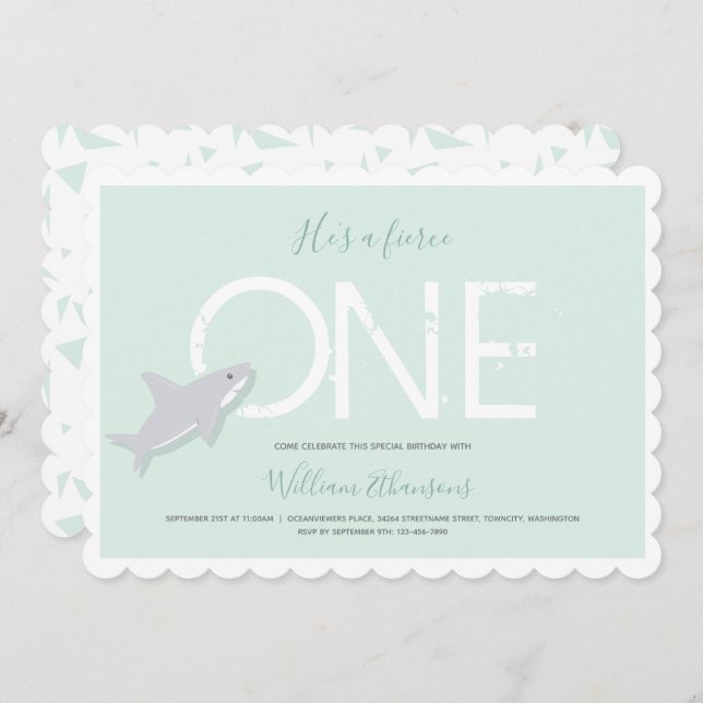 Fierce One Green White Shark Animal First Birthday Invitation (Front/Back)