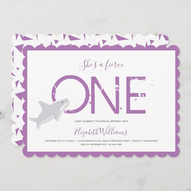 Fierce One Purple Shark Animal First Birthday Invi Invitation (Front/Back)