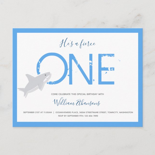 Fierce One Shark Animal First Birthday  Invitation Postcard (Front)