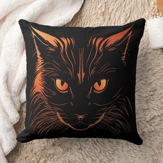 Fierce Orange-Eyed Cat Illustration Cushion (Blanket)